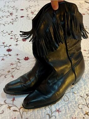 Black Fringe Leather Western Ankle Boots